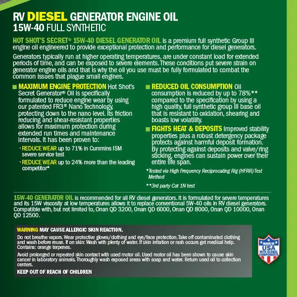 Hot Shot's Secret RV Diesel Generator Engine Oil 15W40 - TAMELESS PERFORMANCE