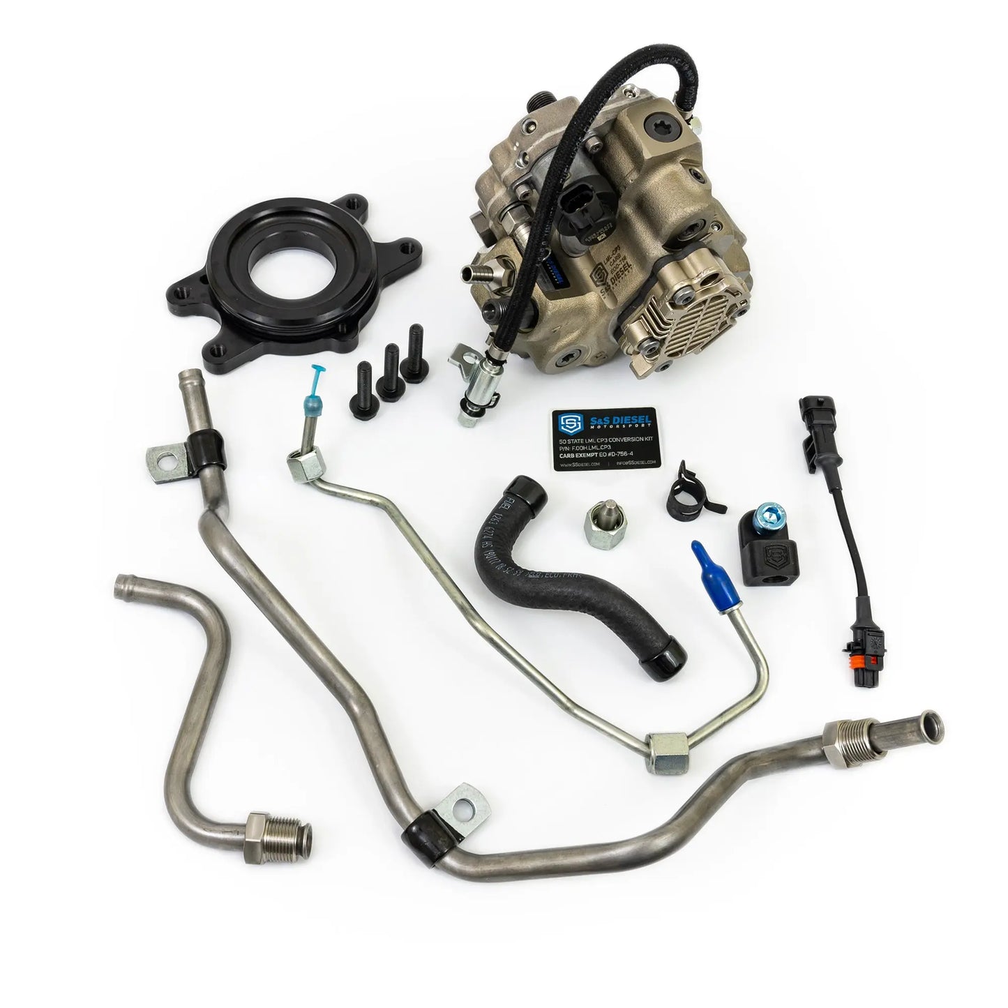 Image of the S&S Diesel LML CP4 to CP3 Conversion Kit with Pump, Part # SSDLML-CP3-CARB, showing high-quality components designed to replace the CP4 pump in GM 6.6L Duramax engines