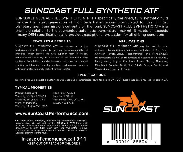 SunCoast Type-D Full Synthetic Transmission Fluid | Case of 3 Gallons Suncoast Performance