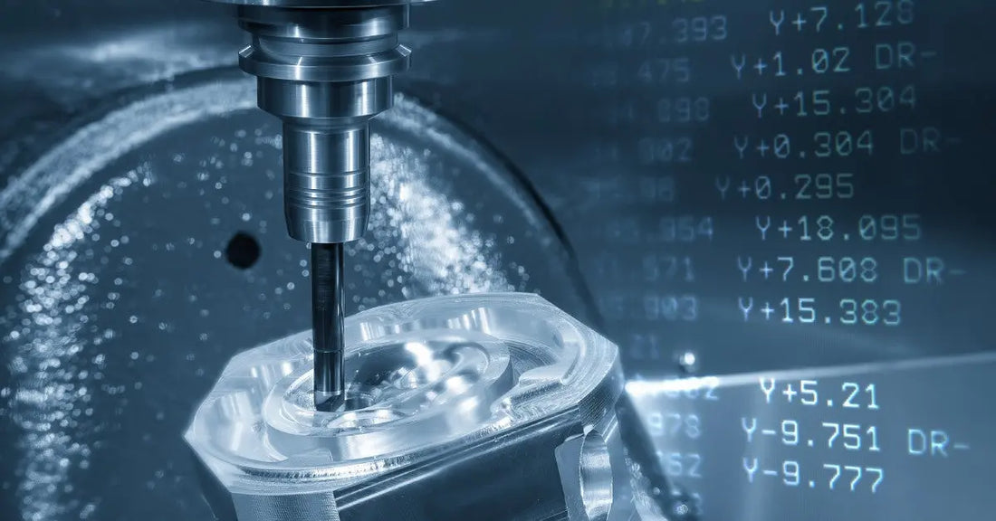 A close-up of a CNC machine drilling a piece of metal. A digital overlay of computer code is off to the right.