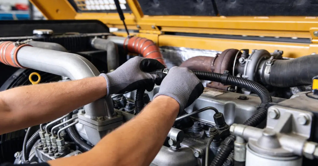 A mechanic adjusts a hose above a diesel engine as silver intake piping and a rusted turbo fill the bay.