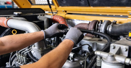 A mechanic adjusts a hose above a diesel engine as silver intake piping and a rusted turbo fill the bay.