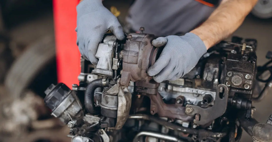 A mechanic grips a turbocharger on a diesel engine while checking the housing fit inside a busy shop bay.