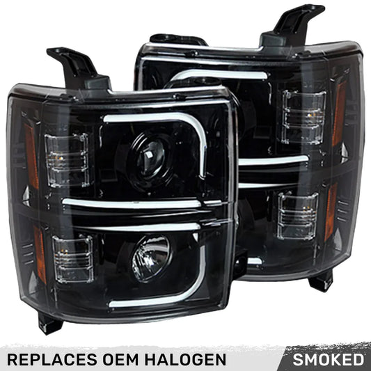 Chevy 15-19 Silverado 2500/3500 Projector Headlights OLED Halos, DRL - Smoked & Clear Lens Recon