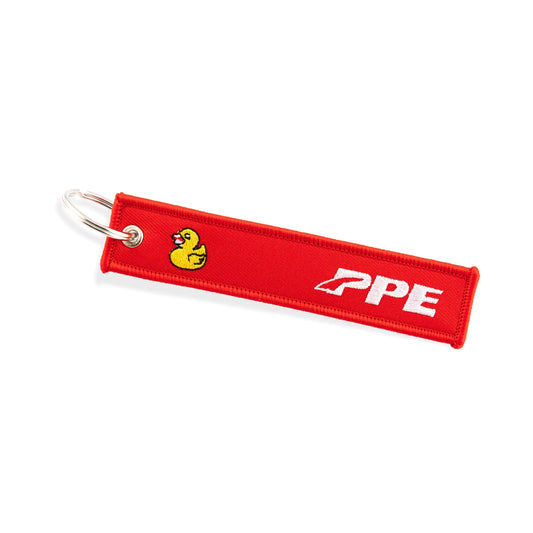 PPE Remove Before Flight Key Chain - Red Fabric with White Embroidery & Yellow Ducky