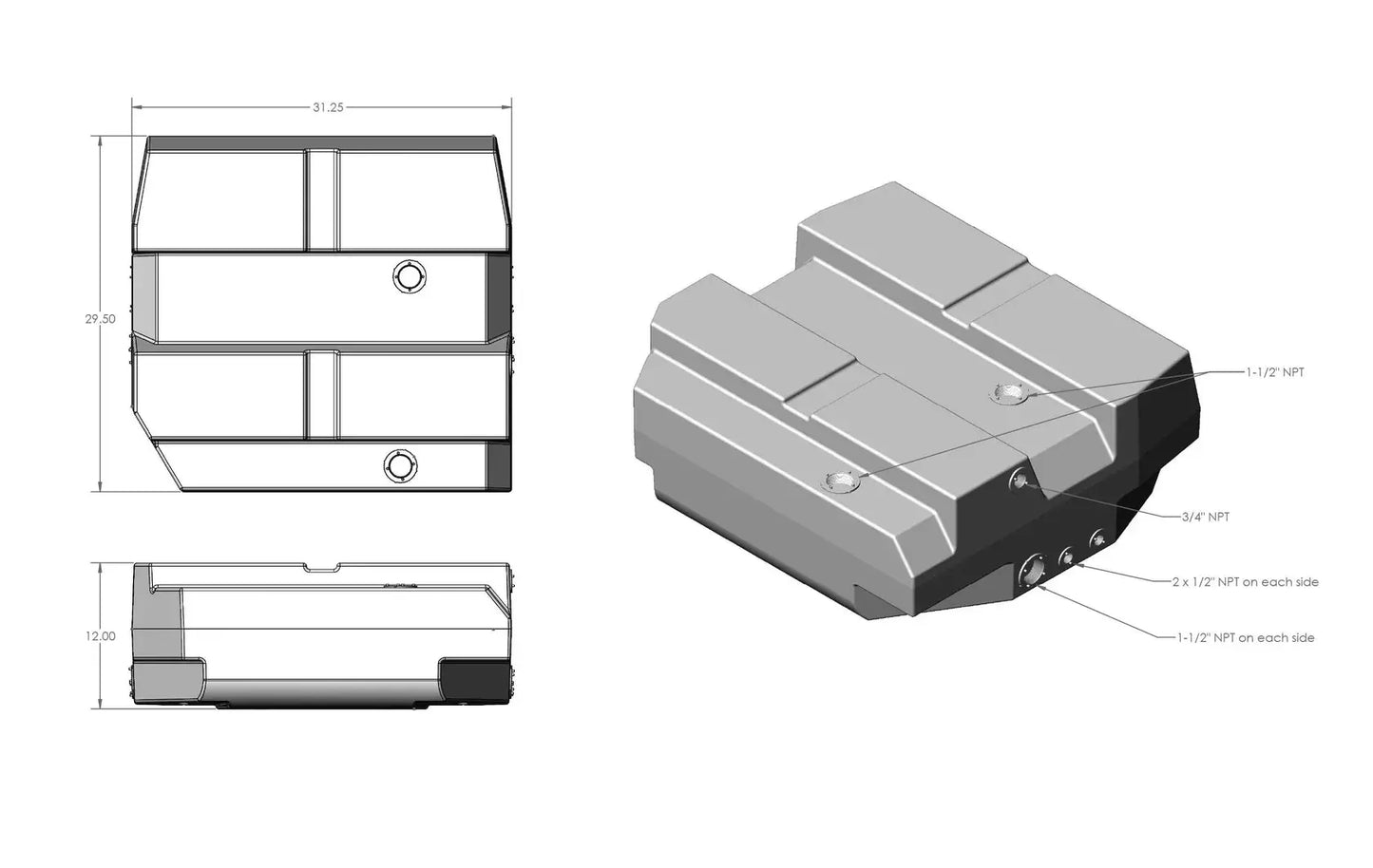 Dimensions of S&B 37 Gallon Spare Tire Water Tank