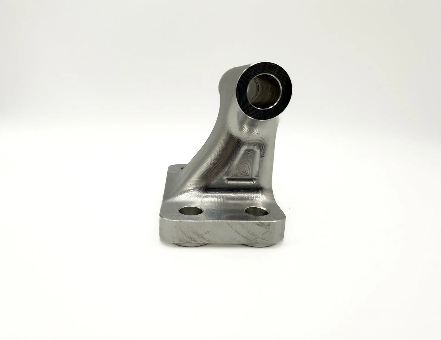 Side angled view (upright):
"Side profile of billet alternator bracket showing machined mounting base and alternator tube opening