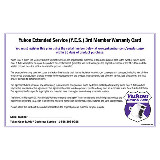 Extended Service (Yes) Plan Warranty For Rear Axle Housings Y.E.S. 3RD Member Extended Service Warranty Yukon Gear Yukon Gear and Axle