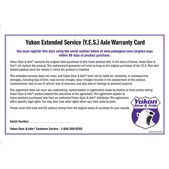 Extended Service (Yes) Plan Warranty For Axle Shafts Y.E.S. Axle - Extended Service Warranty Sales Only Yukon Gear