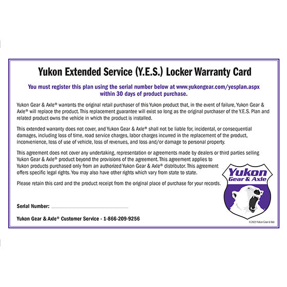 Extended Service (Yes) Plan Warranty For Grizzly Or Zip Lockers Y.E.S. Locker - Extended Service Warranty Zip & Grizzly Sales Only Yukon Gear Yukon Gear and Axle