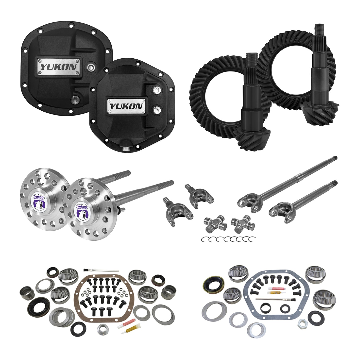 Stage 4 Jeep JK Re-Gear Kit W/Covers Fr/Rr Axles Dana 30/44 4.56 Ratio JK Non-Rubicon D30/D44 Stage 4 Gear Kit Package 4.56 Ratio F&R Covers & 4340 F&R Axle Kits Yukon Gear
