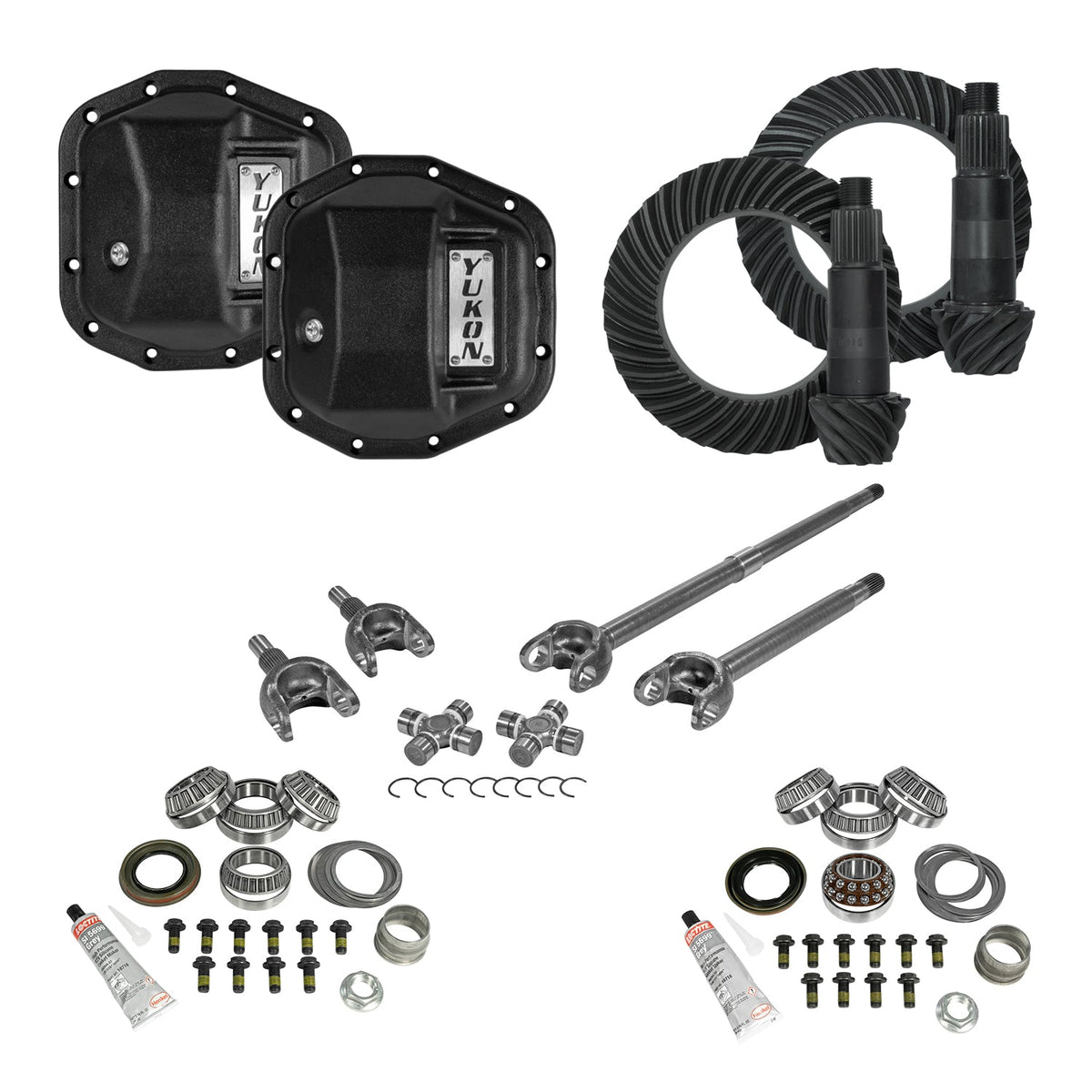 Stage 3 Jeep Jl/Jt Re-Gear Kit W/Covers Front Axles Dana 44 5.38 Ratio JL & Jt Rubicon M220 Rear/ M210 Front Stage 3 Gear Kit Package 5.38 F&R Cover & 4340 Front Axles Yukon Gear Yukon Gear and Axle