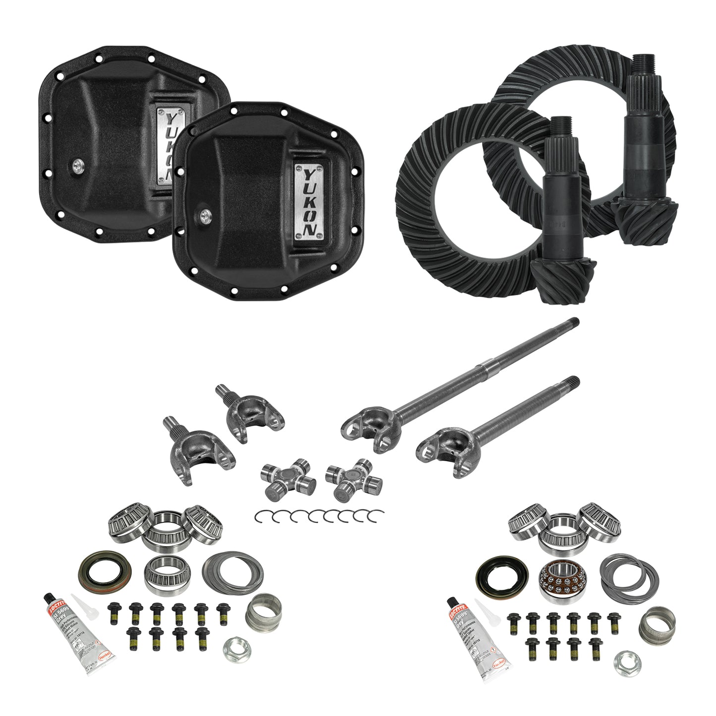 Stage 3 Jeep Jl/Jt Re-Gear Kit W/Covers Front Axles Dana 44 5.38 Ratio JL & Jt Rubicon M220 Rear/ M210 Front Stage 3 Gear Kit Package 5.38 F&R Cover & 4340 Front Axles Yukon Gear