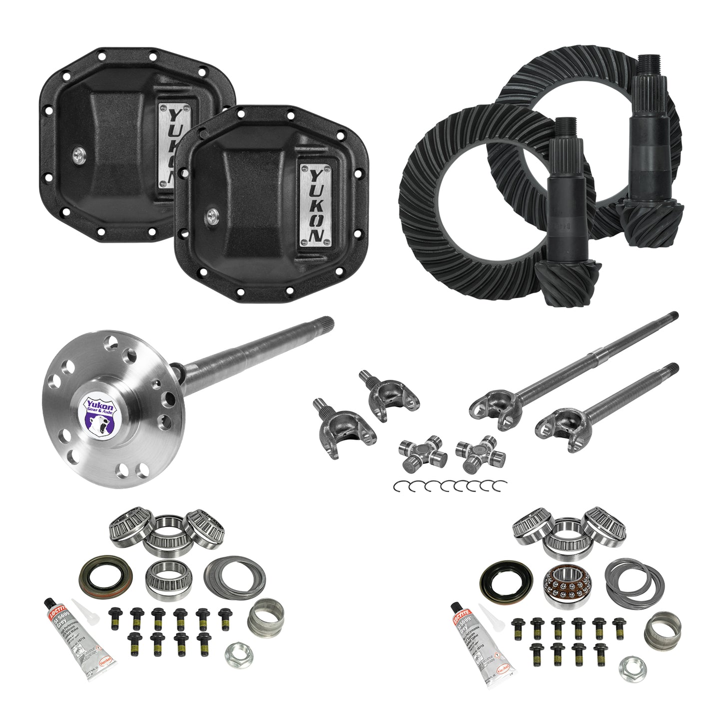 Stage 4 Jeep JL Re-Gear Kit W/Covers Fr/Rr Axles Dana 30/35 4.88 Ratio JL Non-Rubicon M200 Rear/ M186 Front Stage 4 Gear Kit Package 4.88 F&R Cover & 4340 F&R Axle Kits Yukon Gear