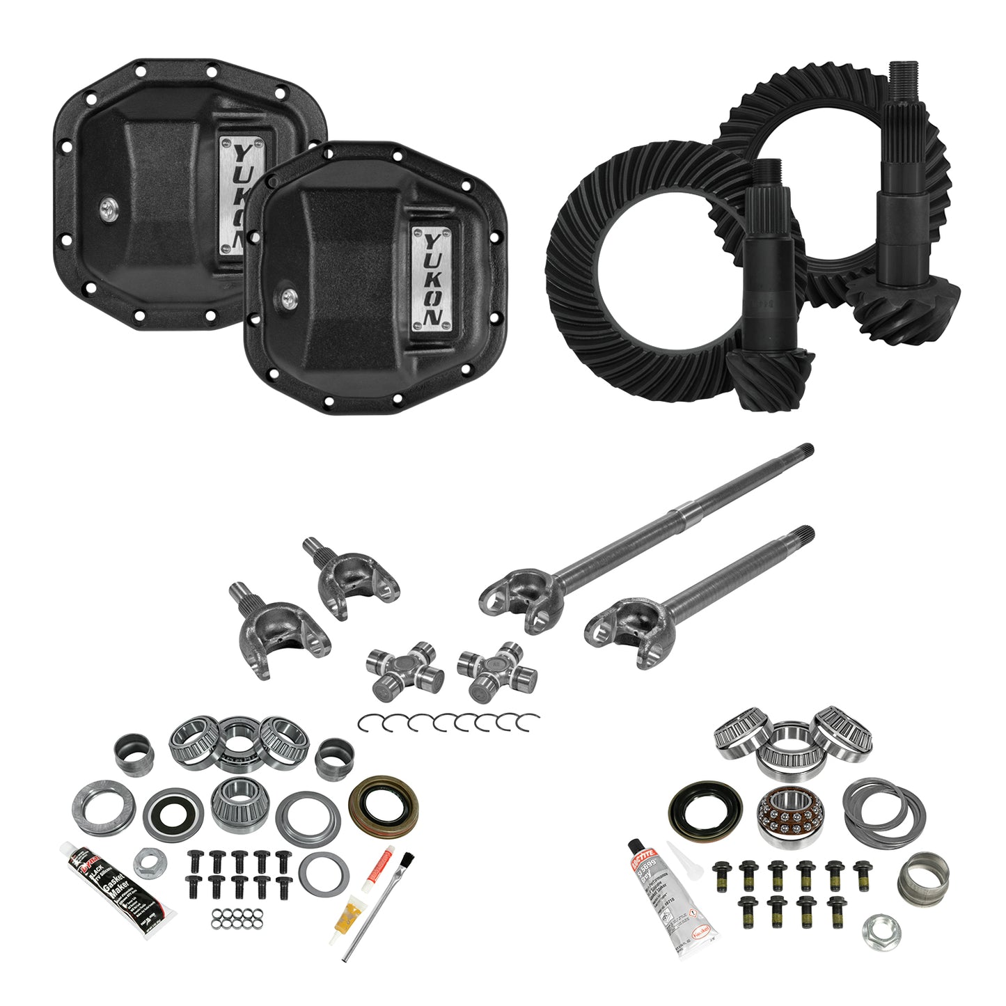 Stage 3 Jeep JL Re-Gear Kit W/Covers Front Axles Dana 30/44 4.88 Ratio JL Non-Rubicon M220 Rear/ M186 Front Stage 3 Gear Kit Package 4.88 F&R Cover & 4340 Front Axles Yukon Gear