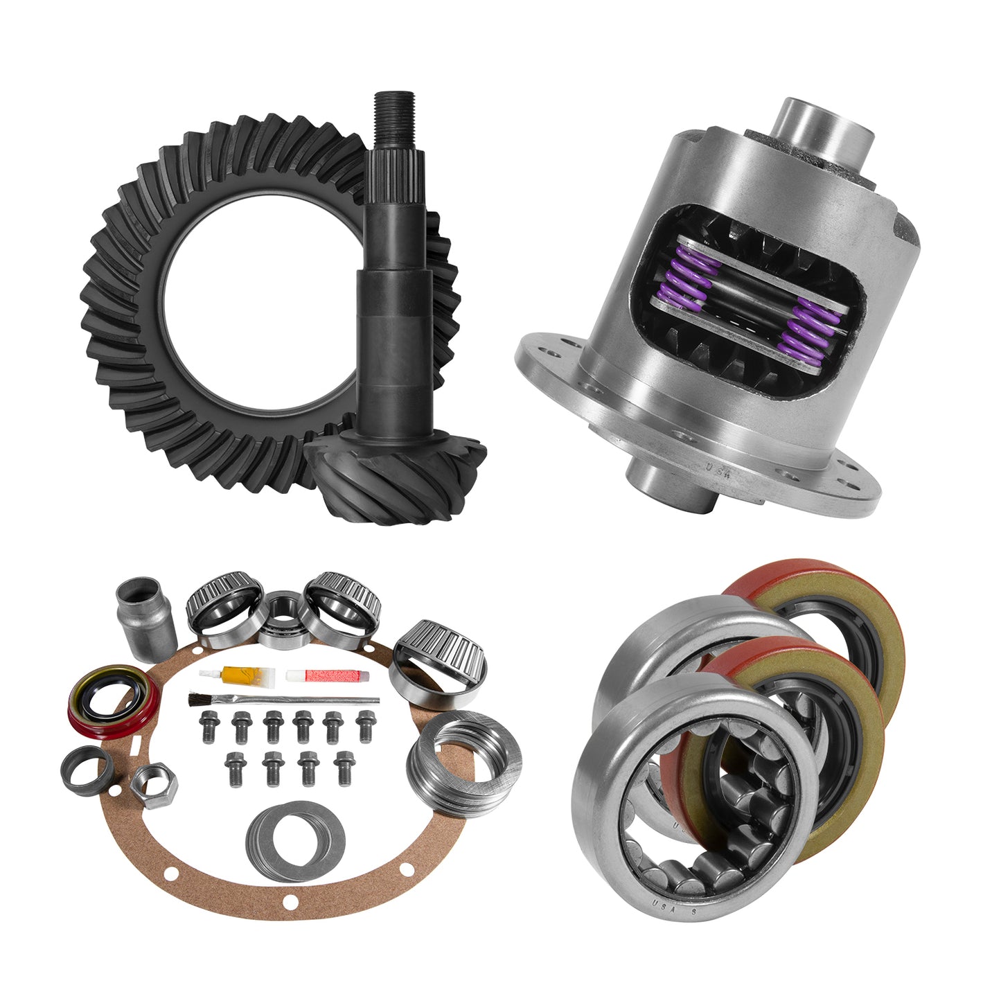8.2 Inch GM 3.55 Rear Ring & Pinion Install Kit 28 Spline Posi 2.25 Inch Axle Bearings 8.2 GM 3.55 Rear R&P Gear/ Install Kit Package With Posi & Ak 1563 Axle Bearings (2.25 Inch Od) Yukon Gear