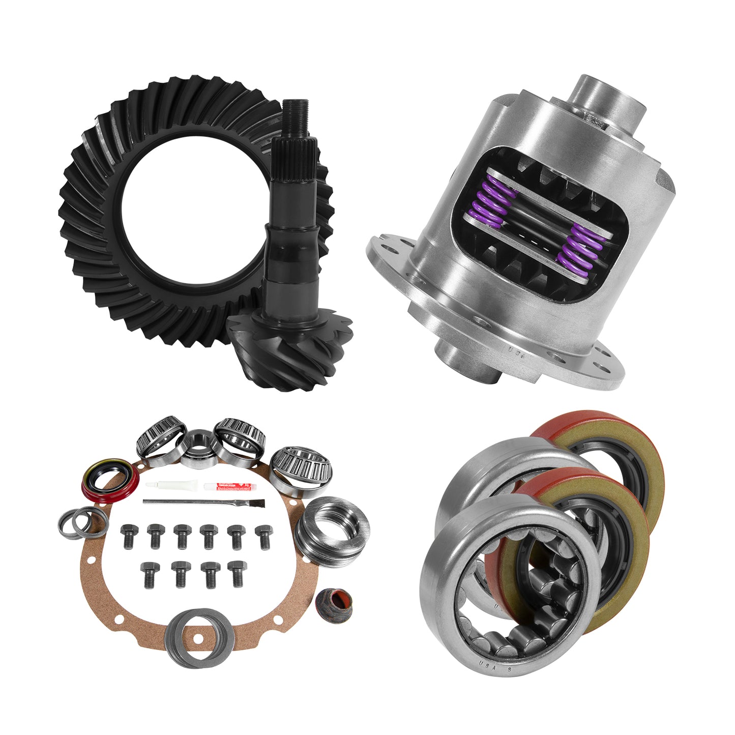 8.8 Inch Ford 3.55 Rear Ring & Pinion Install Kit 28 Spline Posi 2.25 Inch Axle Bearings 8.8 Ford 3.55 Rear R&P Gear/ Install Kit Package With 28 Spline Posi & Ak 1563 Axle Bearings (2.25 Inch Od) Yukon Gear