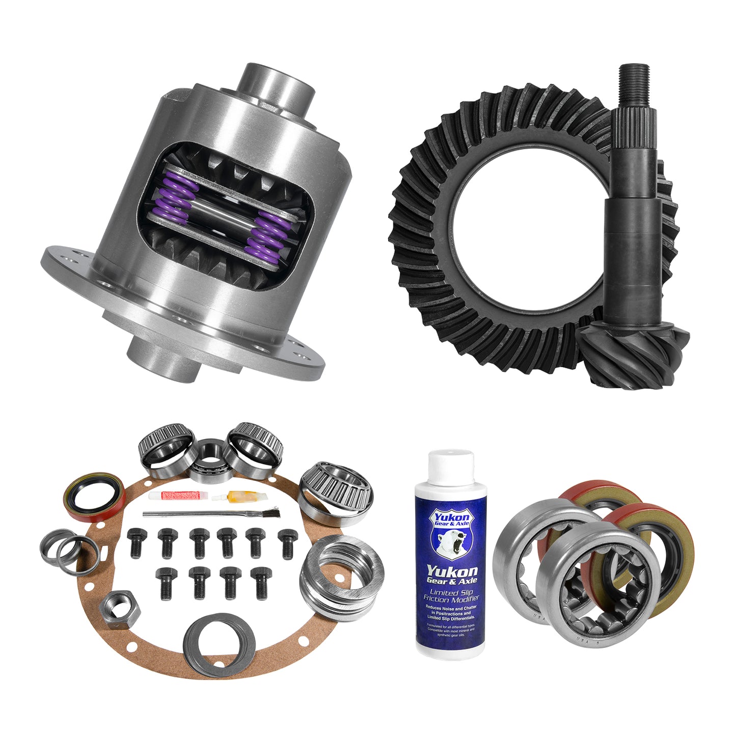 Muscle Car Limited Slip & Re-Gear Kit For GM 8.5 28 Spline 3.08 Ratio 8.5 Inch GM 3.08 Rear R&P Gear/ Install Kit Package With 28 Spline Posi & Ak 1563 Axle Bearings (2.25 Inch Od) Yukon Gear