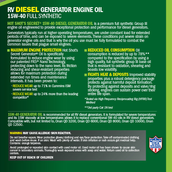 Hot Shot's Secret RV Diesel Generator Engine Oil 15W40 - TAMELESS PERFORMANCE