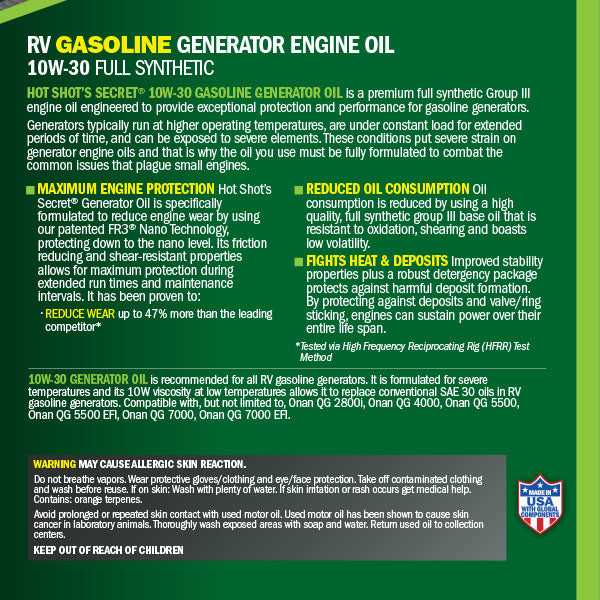 Hot Shot's Secret RV Gas Generator Engine Oil 10W30 - TAMELESS PERFORMANCE